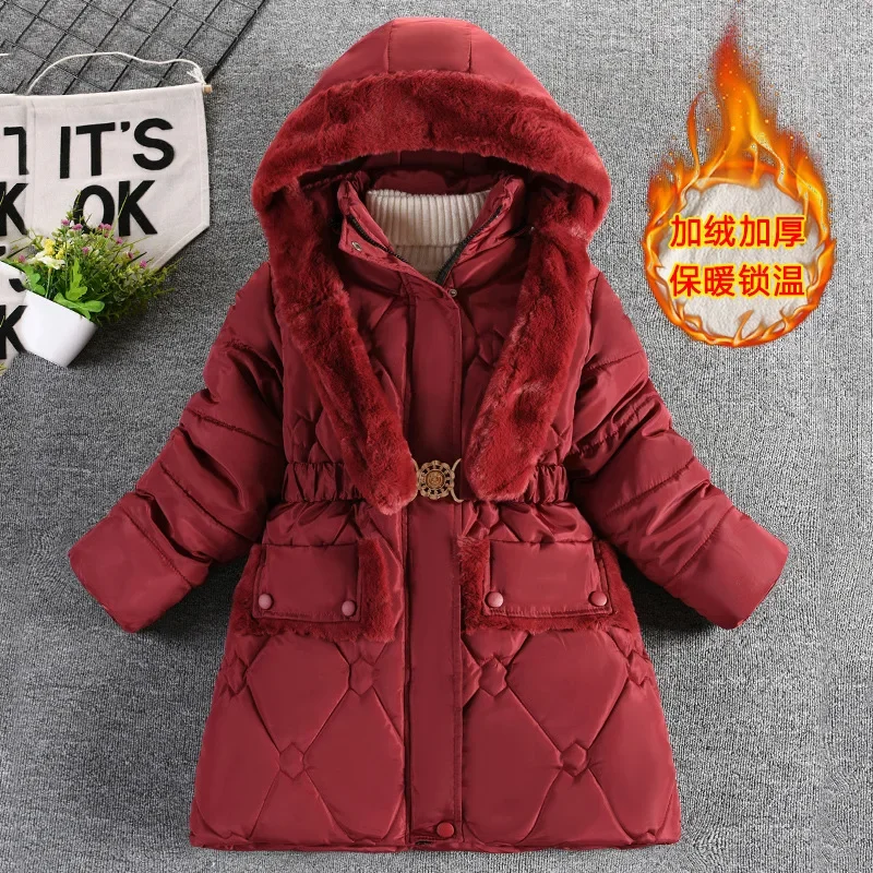 Girls Padded Thickened Fashion Cotton Jacket Kids Plush Outwear Children Winter Warm Hooded Solid Coats Baby Cold Snowsuit 4-10Y