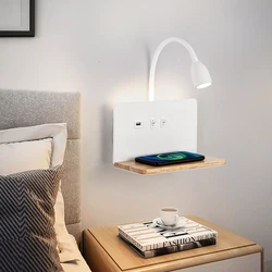 LED Wooden Wireless Charging Wall Lamp USB Socket, Rotatable Lamp Head With Switch, Indoor Bedside, Living Room, Study Lighting