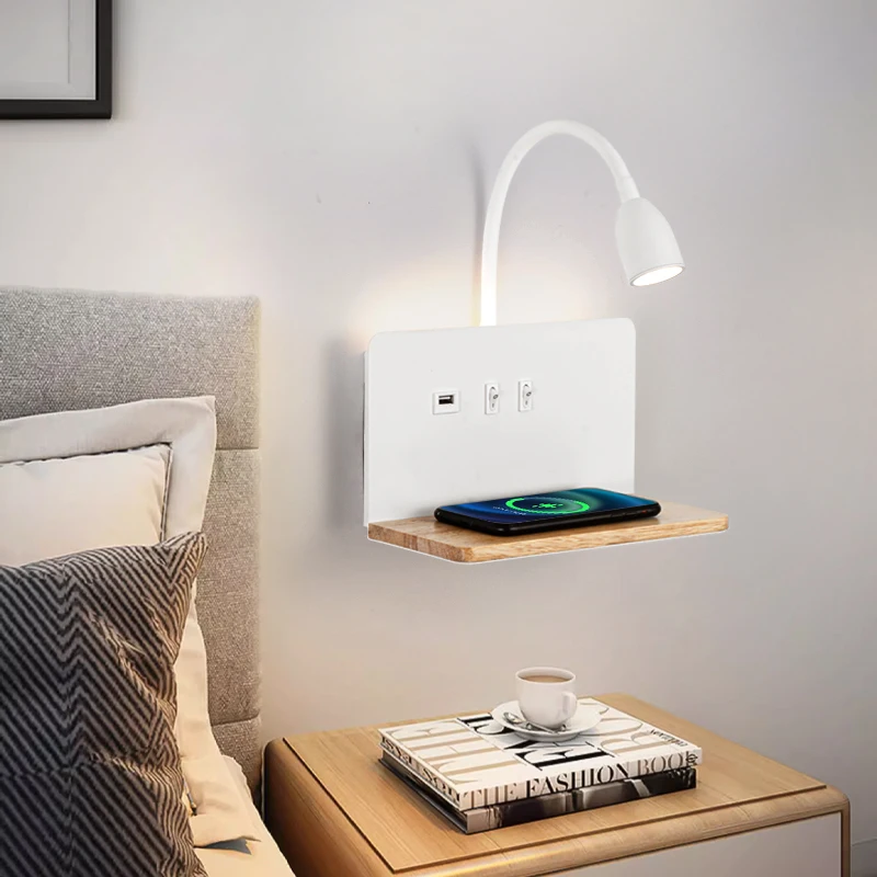 LED Wooden Wireless Charging Wall Lamp USB Socket, Rotatable Lamp Head With Switch, Indoor Bedside, Living Room, Study Lighting