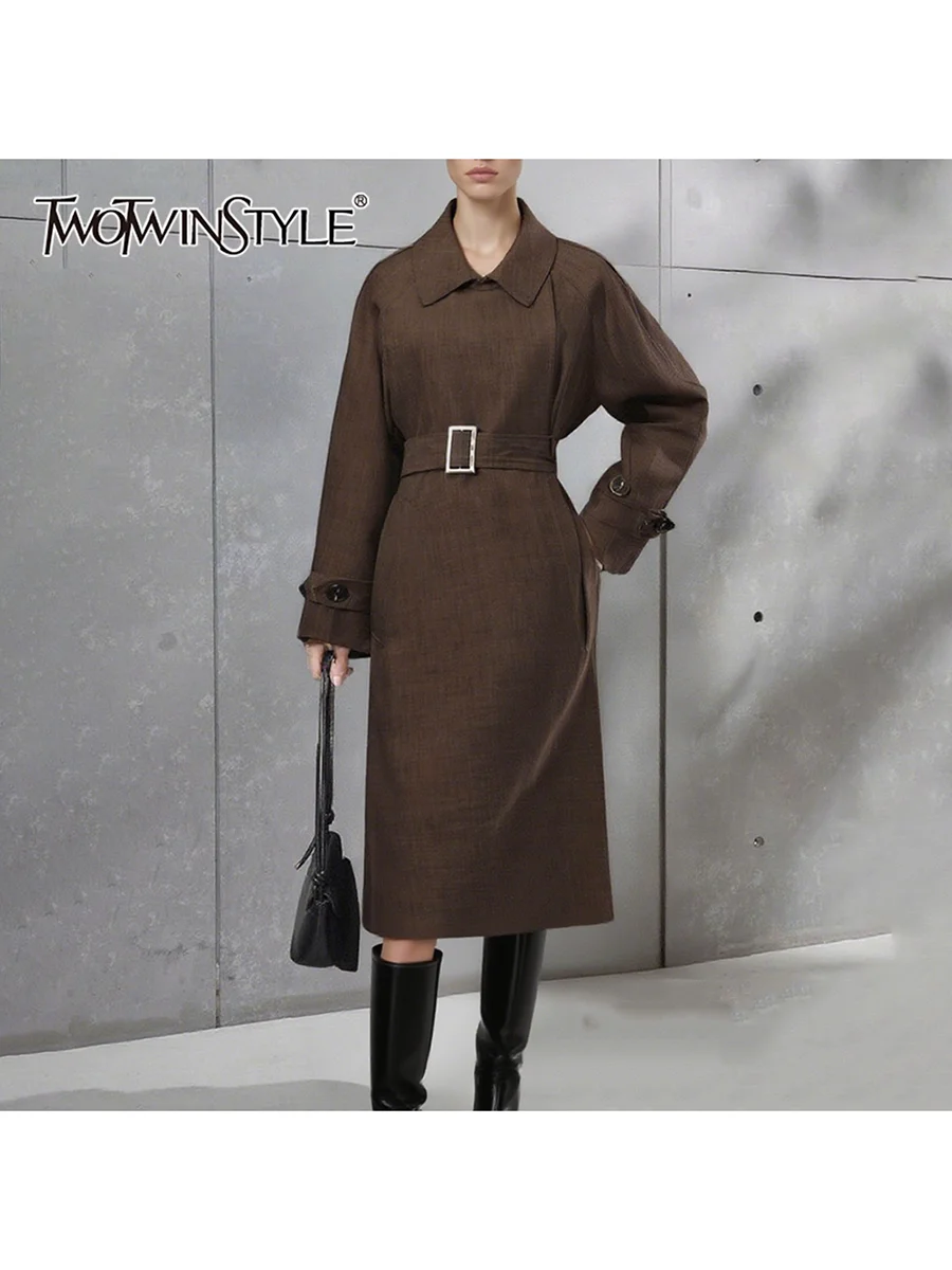 

TWOTWINSTYLE, утягивающие минималистичные тренчи на шнуровке для женщин, с лацканами и длинными рукавами, с высокой талией, темпераментный женский плащ, новый