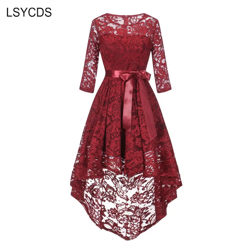 LSYCDS Retro Dress Vintage 50s 60s Autumn 3/4 Sleeve O-Neck Floral Lace Dress Women Elegant High Low Hem Party Dress Ladies