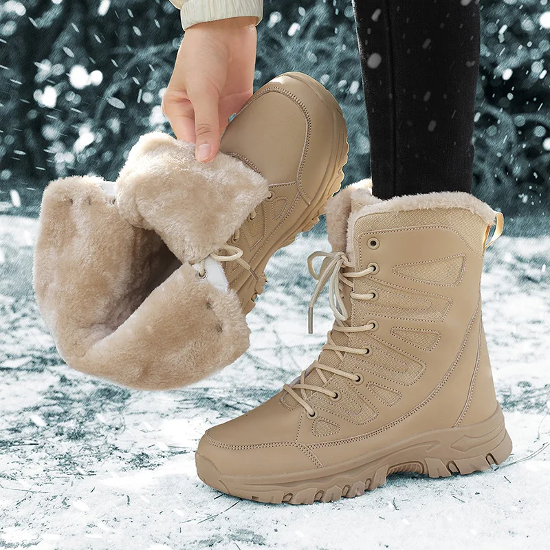 Winter Outdoor Hiking Shoes - Artificial Plush for Warmth, Non-Slip Textured Sole Design, Women's Snow Boots, Suitable for Daily Commuting and Outdoor Activities