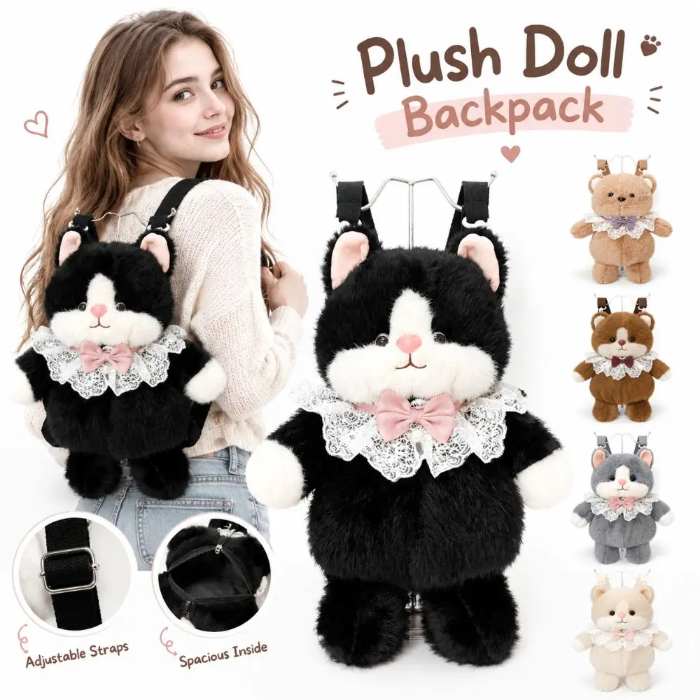 New Soft Doll Backpack Cartoon Cat Bear Cartoon Doll Backpack Fuzzy Casual Daypack Kids Children