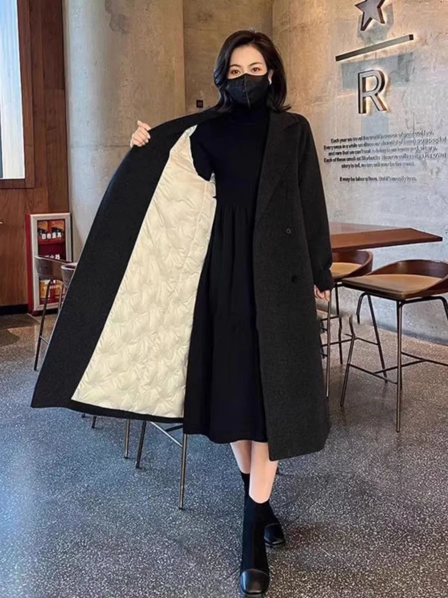 Winter Down Cotton Woolen Jackets Coat Tops Lapel Double Breasted Wool Blend Elegant Casual Chaquetas Women Korea Veste Abrigos