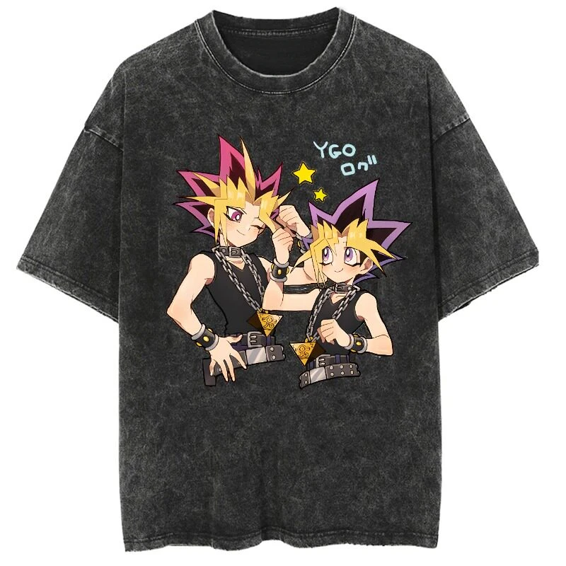 Retro Summer Japanese Anime Washed-out and Distressed Vintage Short-sleeved T-shirt Cotton Yu-Gi-Oh! Duel Monsters GameKing