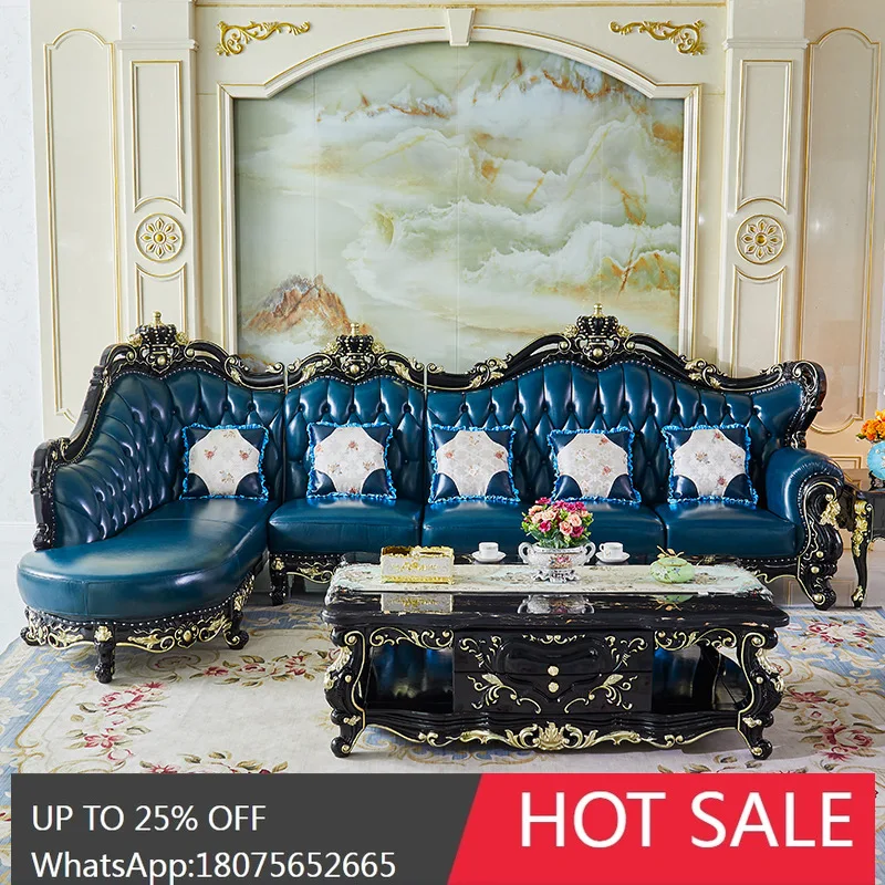 HLZ European Style Genuine Leather Sofa Set Luxury Villa Neoclassical Carved American L-Shaped Corner Chaise  Furniture