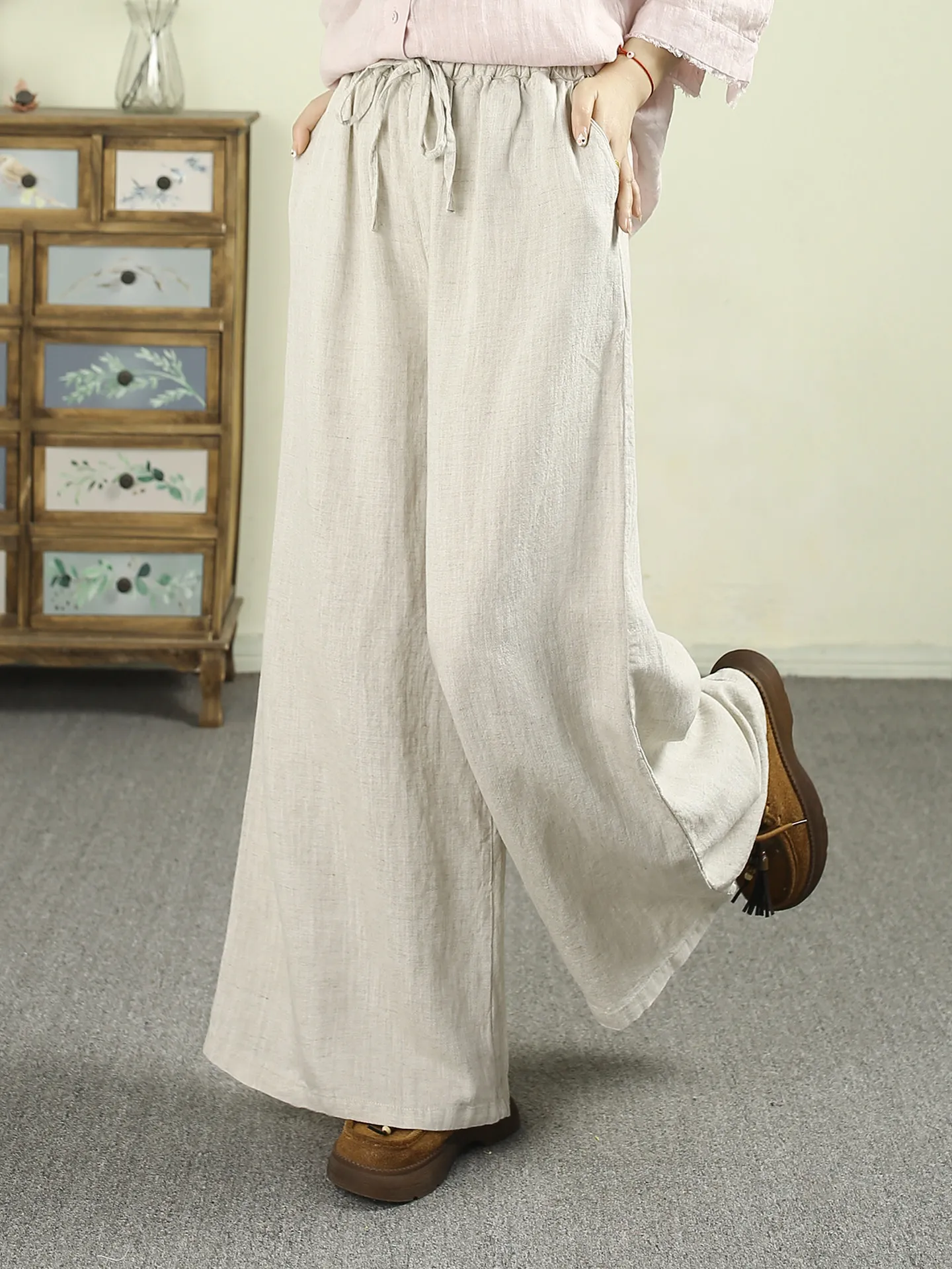 Summer New Women's Loose Wide Leg Pants Linen Casual Trousers High Waist Straight Tube Moisture Wicking Casual Fashion