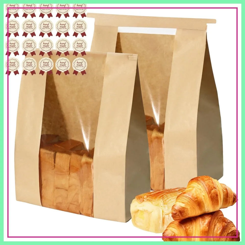 

100 Pcs Sourdough Bread Bags with Window, 13.7x8.3x3.5 in, Kraft Paper Bakery Bags with Tin Tie, Includes 100 Labels