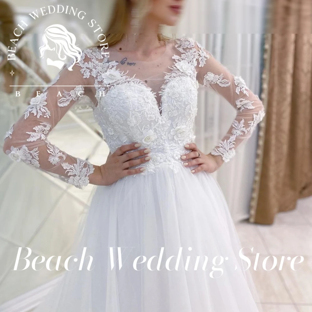 Praia personalizado casamento do vintage manga longa rendas apliques princesa com decote em v organza tule sheer tribunal trem branco para mulher