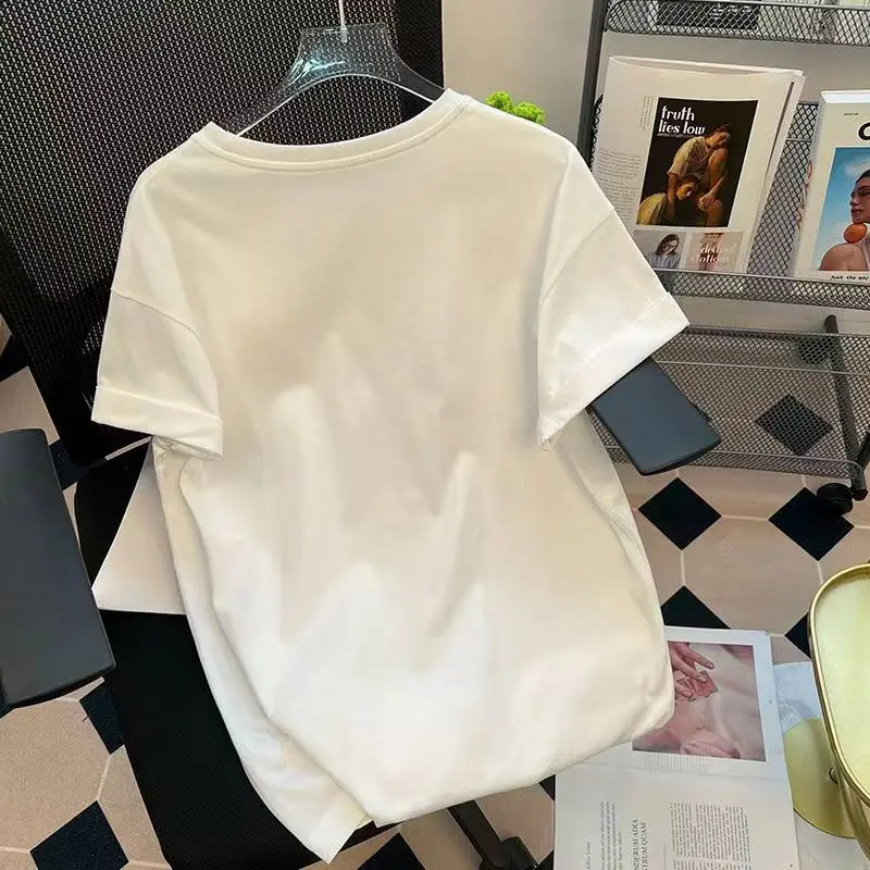 Chic Three-dimensional Flower Loose Top White Round Neck Short-sleeved T-shirt