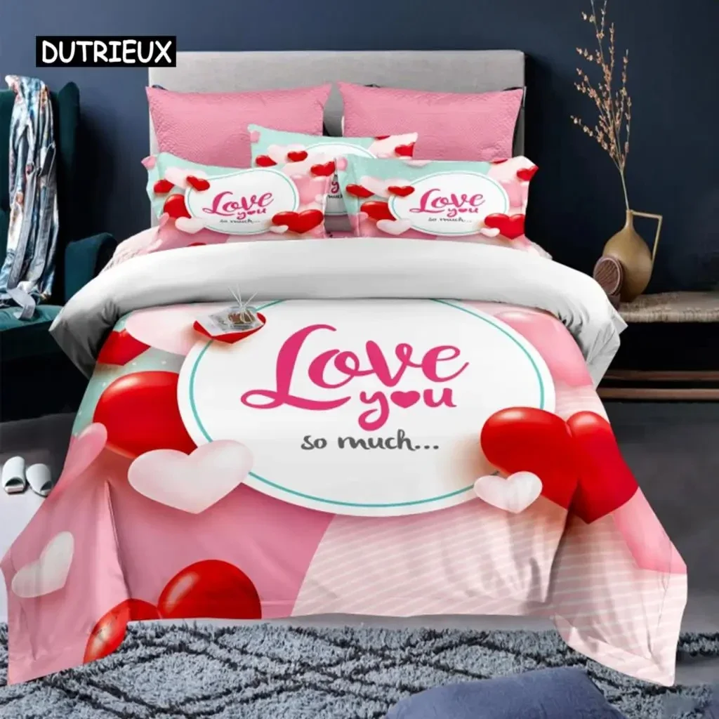 Valentine's Day Duvet Cover Set Red Rose I Love You Pattern King Size Couple Polyester Bedding Set Happy Romantic Quilt Cover