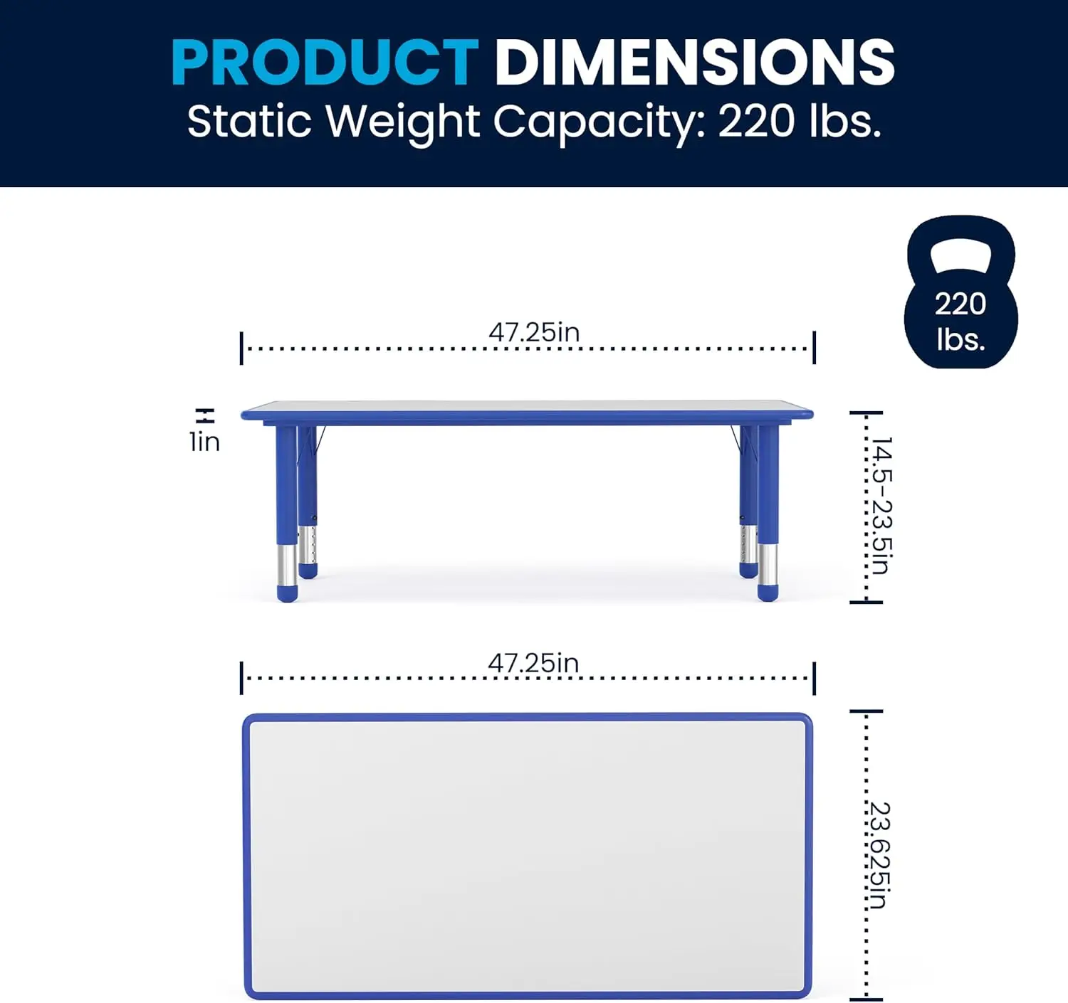 23.625' W x 47.25' L 파란색 플라스틱 활동 테이블 세트-의자 6개