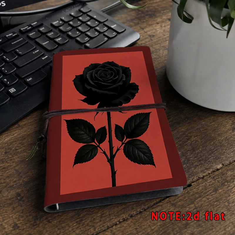 Dark Aesthetic Red Background Rose Pattern Journal Retro Tie‑Closure PU Notebook Floral Art Print Portable Travel Notepad Gift