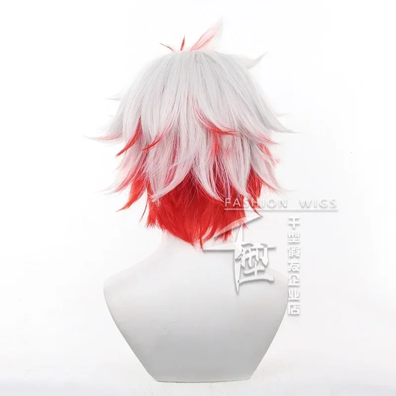 Wig Cosplay Bekas Luka Gelombang Wuthering Game Tutup Kepala Rambut Pendek Merah Putih Properti Pesta Halloween untuk Wanita Pria