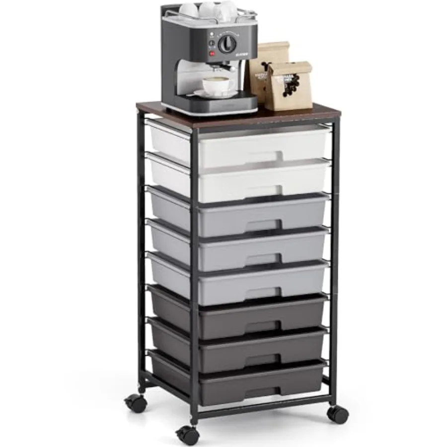 

Rolling Storage Cart with 8 Drawers Utility Cart on Wheels with Wooden Tabletop Dark Brown Craft Storage for Classroom Office O