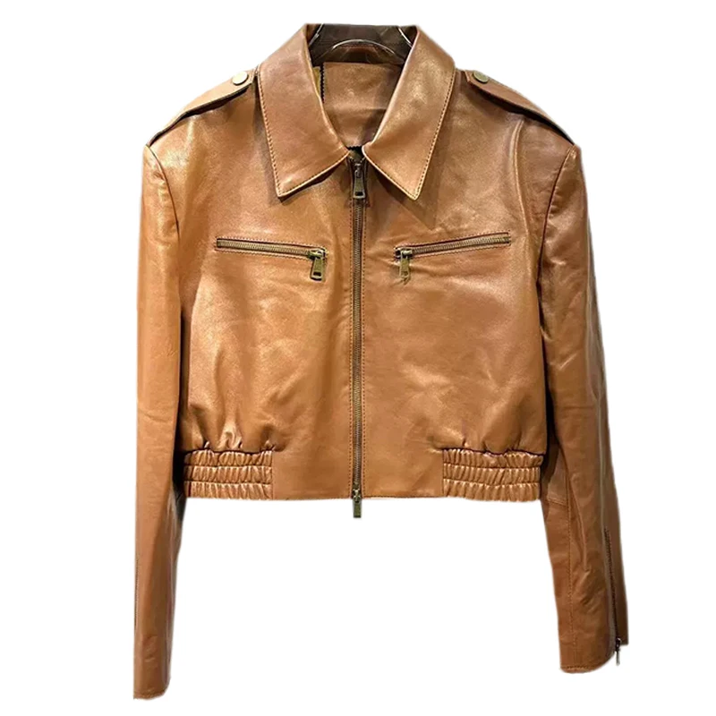 Retro Brown Sheepskin Motorcycle Jacket Women's Genuine Leather Jacket 2026 Spring Fashion Casual Black Short Leather Coats Tops
