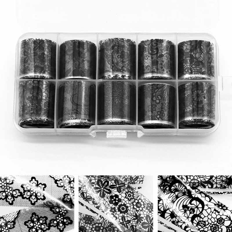10 لفات 2.5*100 سنتيمتر أسود أبيض الدانتيل مسمار رقائق نقل ورقة مسمار الفن ملصقات شريط الدانتيل DIY بها بنفسك مانيكير التصميم الزينة #4