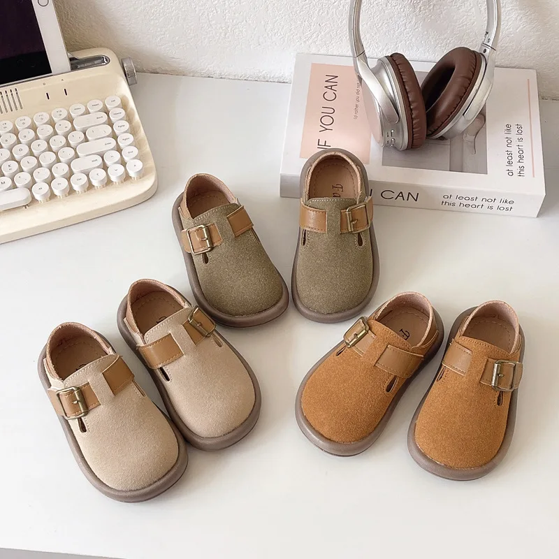 

Spring Autumn Boys Non Slip Solid Color Beanie Shoes Children Soft Soled Retro Buckle Leather Shoes Girls Fashion Single Shoes
