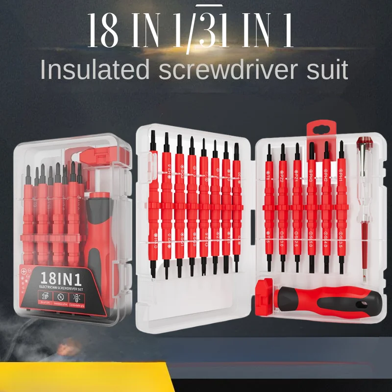 Insulated Screwdriver Set 18-31 in 1 Electrician Maintenance Tools Kit CRV Tip Magnetic Dual Head Precision Removable Bits