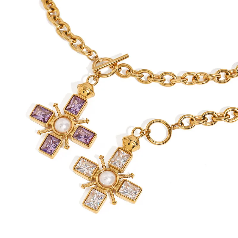 

Apexelle Exquisite Jewelry Stainless Steel Necklace Cross Pendant Inlaid Zircon Imitation Pearl Vintage Jewelry