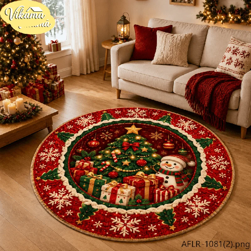VIKAMA Christmas Living Room Rug, Soft Non-Slip Round Fireplace Mat, Farmhouse-Style Holiday Bedroom Carpet, Festive Home Decor