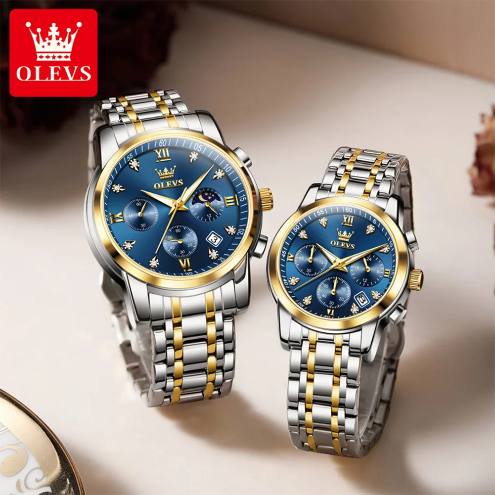 OLEVS 2858 العلامة التجارية الفاخرة كوارتز ساعة الزوجين مقاوم للماء ساعة عاشق هدية كلاسيكية مضيئة مرحلة القمر كرونوغراف ساعة له أو لها
