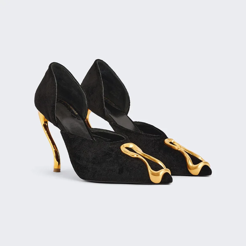 New Pointed Toe Metal Lock Decor High Heel Pumps Women Stiletto Heels Red Insole Evening Party Dress Shoes Luxury Fashion
