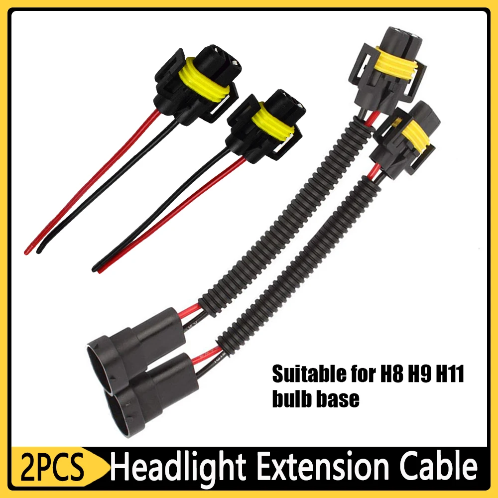 2PCS H11 H8 H9 Car Headlamp Extension Wiring Harness Replacement Car Bulb Socket Female Adapter Connector Plug Extension Pigtail