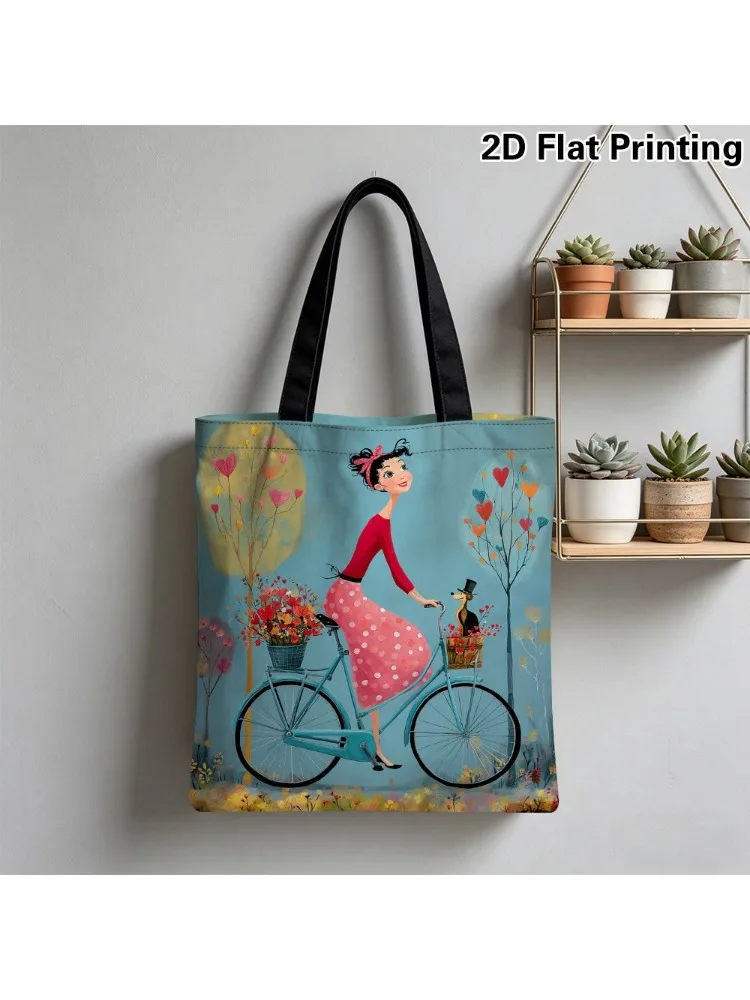 AliExpress HEARMNY 1pc Elegant Woman Riding Bicycle Tote Bag Reusable Foldable Grocery Bag for Travel Beach Commute Shopping Pouch Women Daily Use