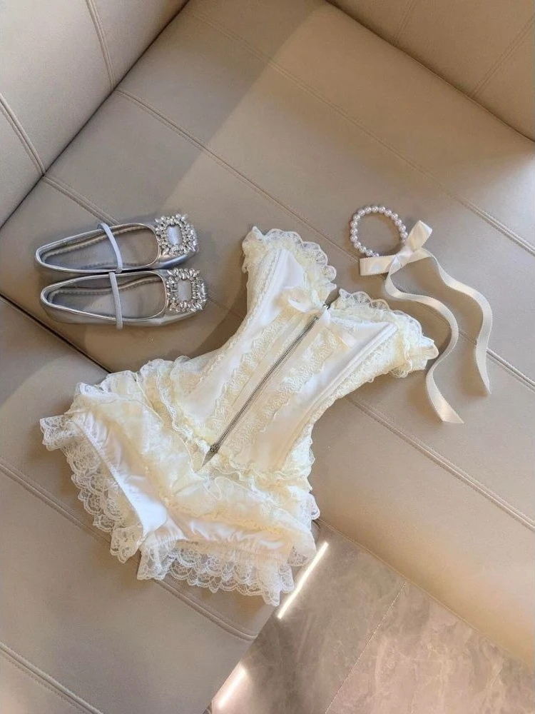 أزياء حلوة مثير سليم حبال 2 قطعة مجموعة النساء تصميم Kawaii Y2k جديد الدانتيل قبالة الكتف دعوى الإناث + عالية الخصر تنورة قصيرة