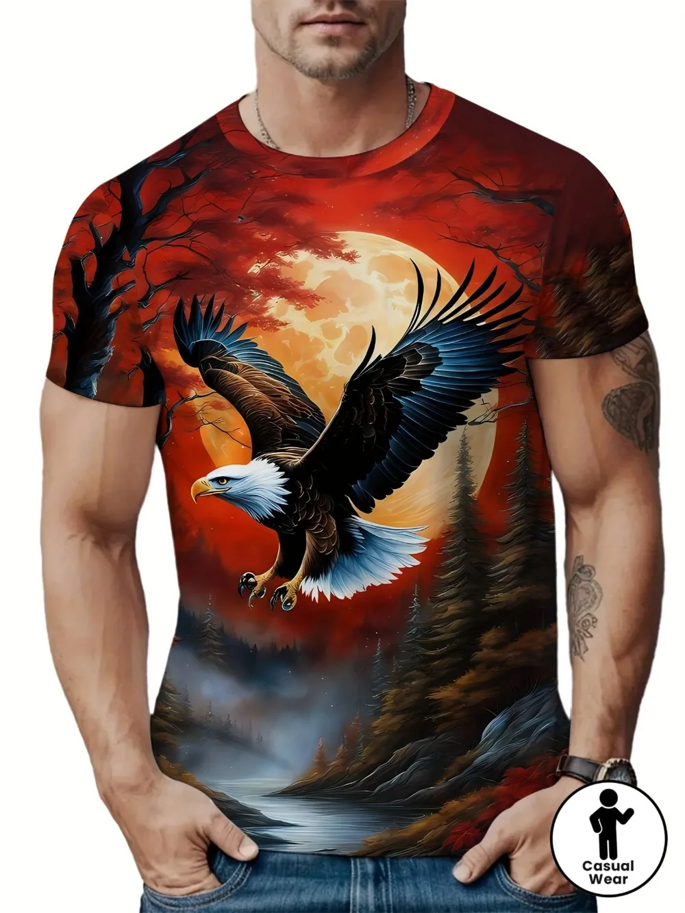 Bald Eagle Full Moon Forest Landscape T‑Shirt Quick Dry Breath 3D Print Crew Neck Tee Outdoor Sports Hip‑Hop Casual Tops for Men