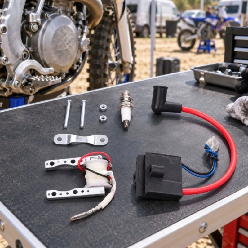 Motorcycle Ignition System Repair Set with Stator Coil, Ignition Module, Visible Layout of Multiple Leads and Terminal X37F