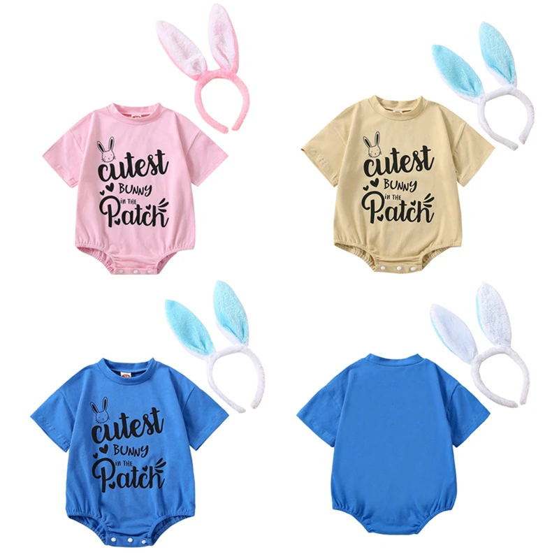 

Easter Baby Outfits 2Pcs Fashion Newborn Infant Boys Girl Round Neck Short Sleeve Letter Print Bodsyuit with Bunny Ears Headband