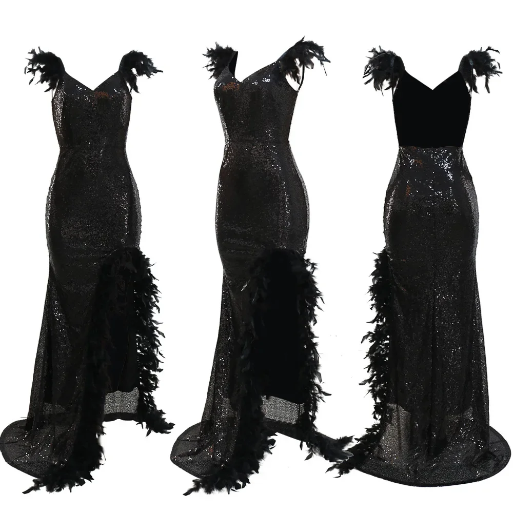 

Dress Floor Length Dresses Women Party Gown Sequin Feather Hip Wrap Sexy Slim Fit Vestidos Sleeveless V Neck Backless Evening
