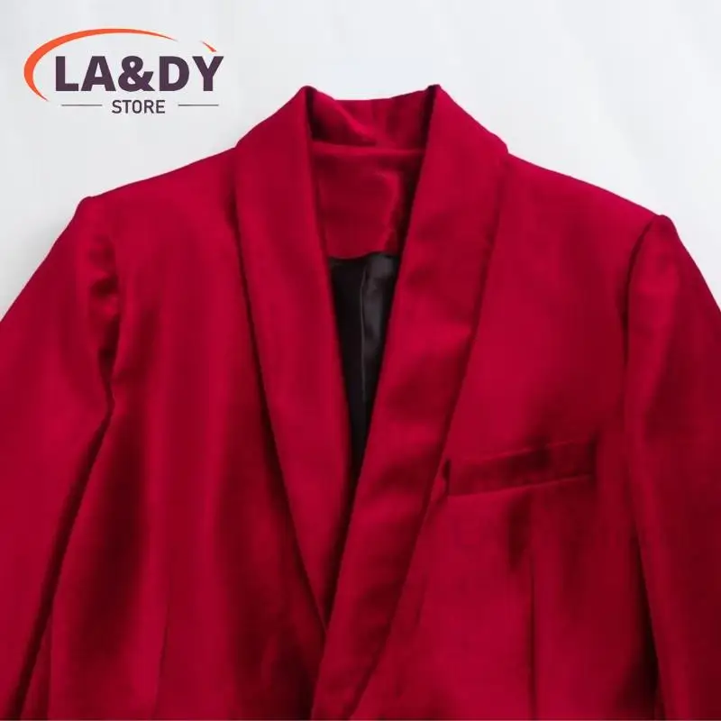 Women\'s Velvet Blazer 2024 New Spring Autumn Female Fashion Red Long Sleeve Pocket Suit Jacket Outwear