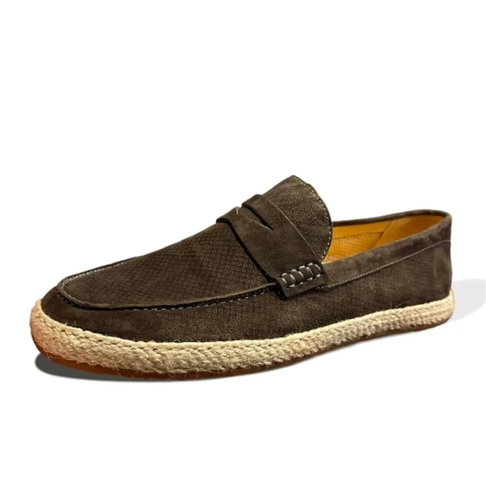 Men's Perforated Suede Penny Loafers Slip‑On Casual Shoes, Breathable Jute Rope Sole Light Khaki Summer Daily Shoes