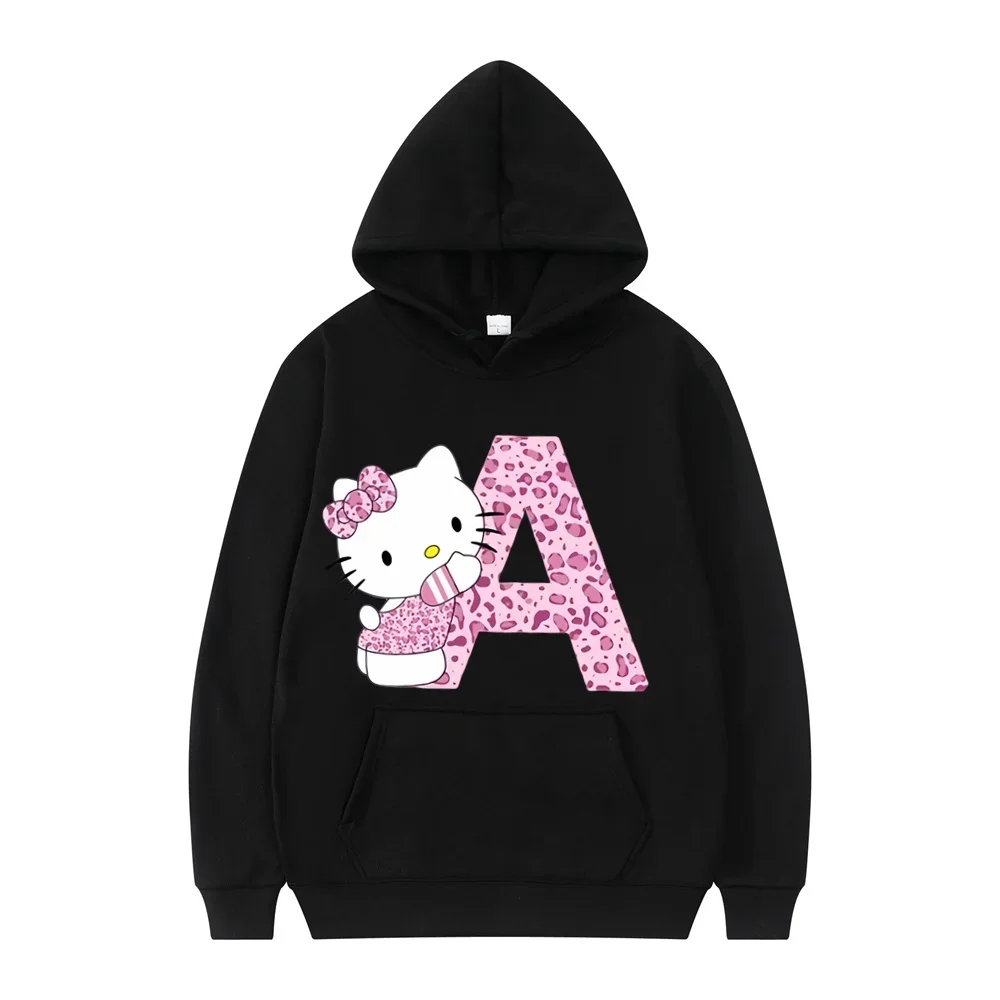 2024 Black Hello Kitty Letter A-Z Woman and Men Long-sleeved Hoodies Sanrio Hoodies Clothes Cartoon Clothes Kawaii Birthday Gift