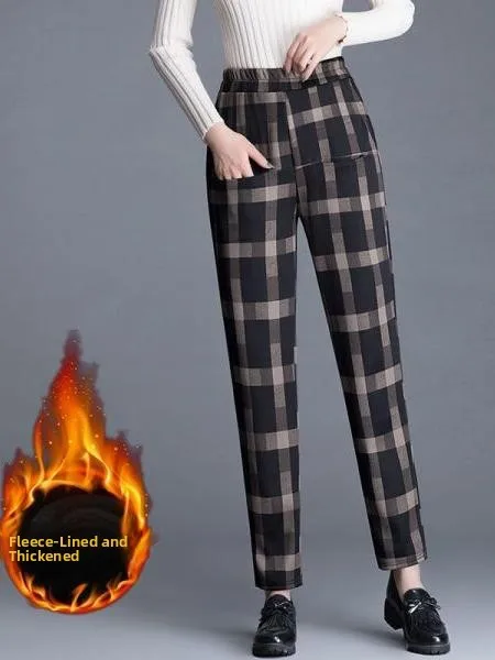 Spring Autumn Winter New Style Youthful Fleece Lined Cuffed Casual Plaid Women's Harlan Pants Straight Leg High Waist Long Tr...