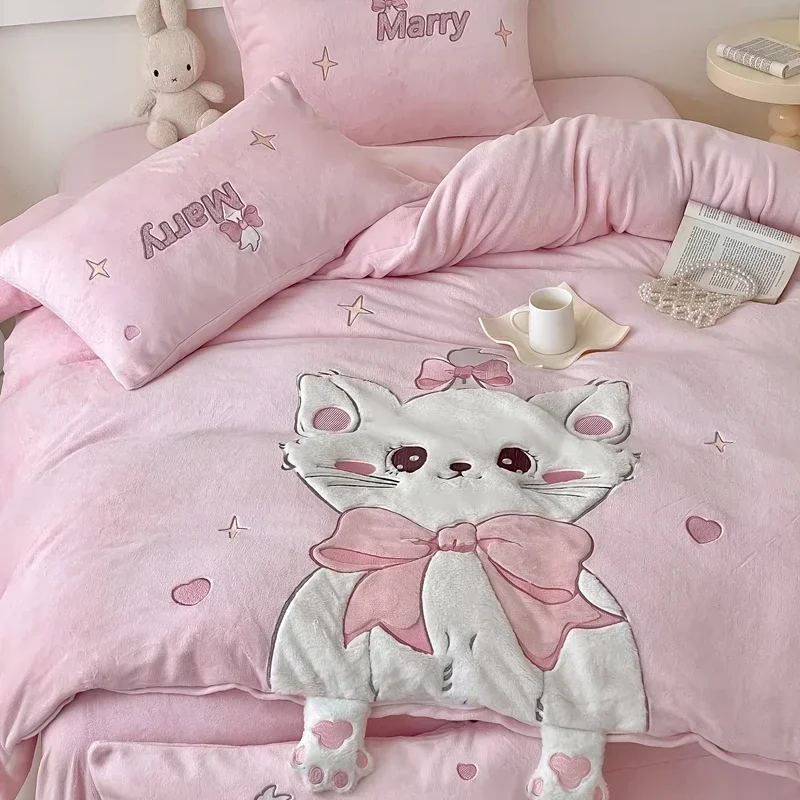 

Pink Cute Cartoon kitty Applique Embroidery Velvet Fleece Warm Bedding Set Single Double Queen Duvet Cover Bed Sheet Pillowcases