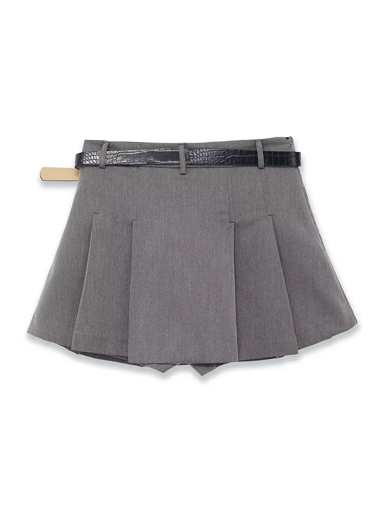 HH Women's Fashion Versatile Mid-Waist Pleated Culottes With Belt Female Temperament High Street Casual Zipper Short Skirt Mujer