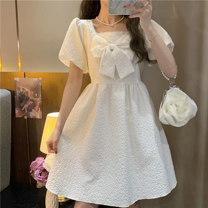 

Sweet Women Mini Dress Korean Puff Short Sleeve Short Robe Elegant Bow Tie Evening Dress Summer Academic A-line Party Dress 원피스