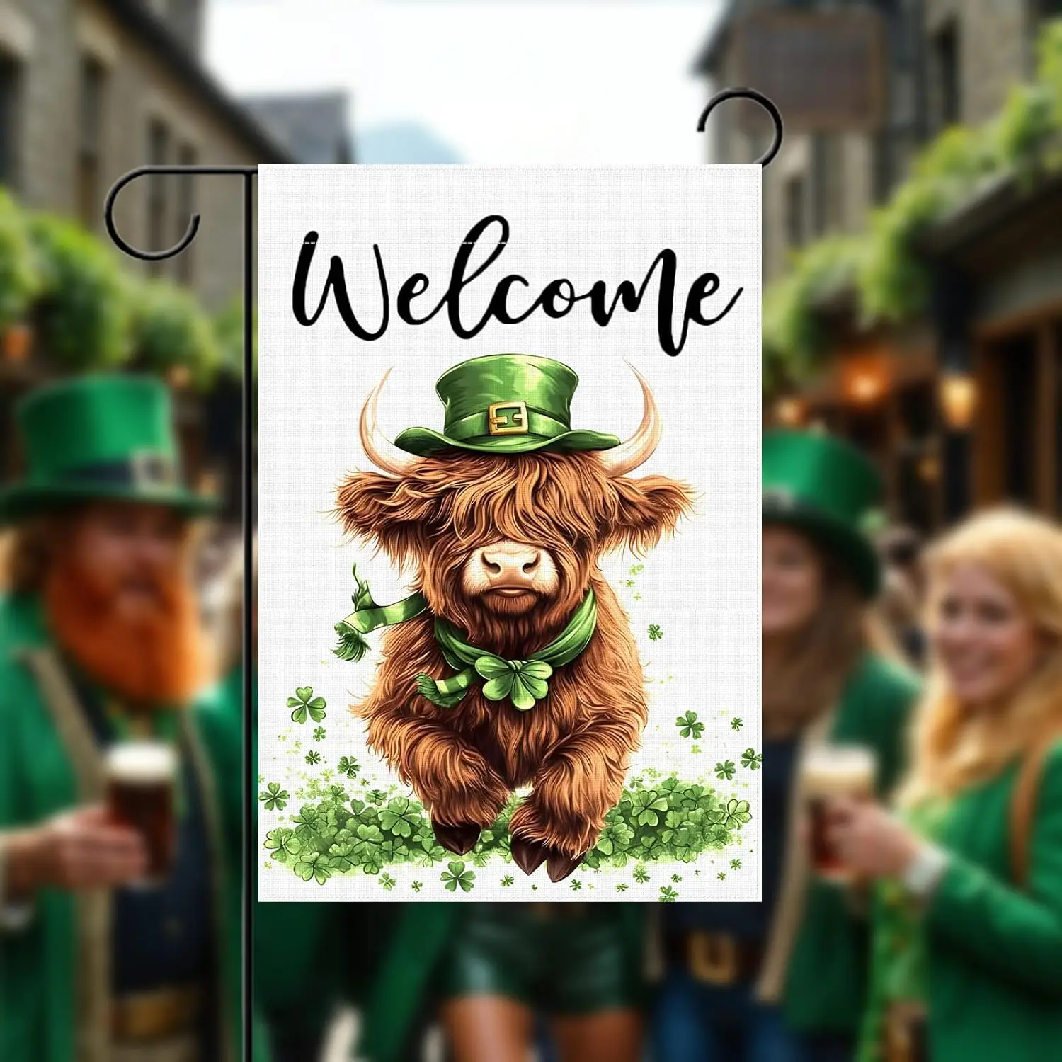 St. Patrick's Day Highland Cow Welcome Garden Flag Green Shamrock Irish Themed March Party Decoration Lawn Yard Patio Fr WWP zzo
