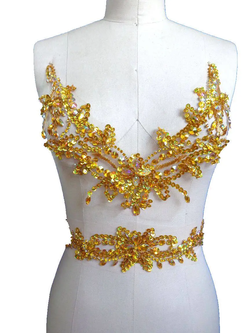 

7 Colors Hand-Beaded Sequins Rhinestone Trim Luxury Embellishment Evening Dress V Neck Appliqued Belts Set Clothing Accessories
