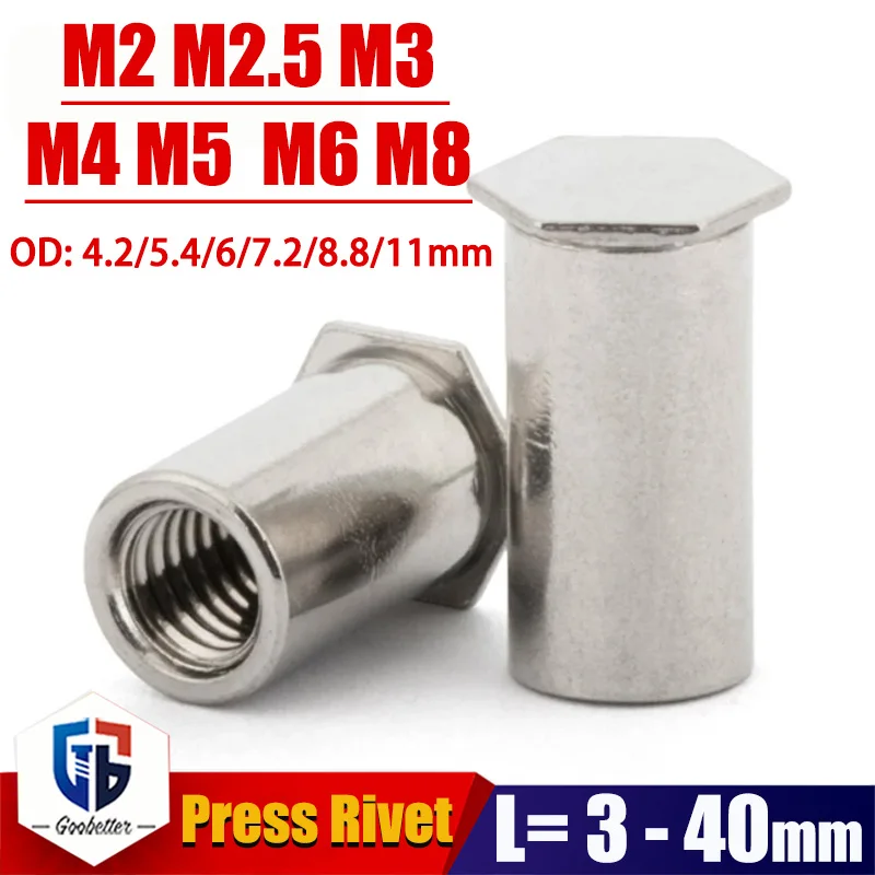 304 Stainless Steel Hexagon Head Blind Hole Pressure Riveting Column M2 M2.5 M3 M4 M5 M6 M8 Ressure Riveting Stud Screw Nut BSOS