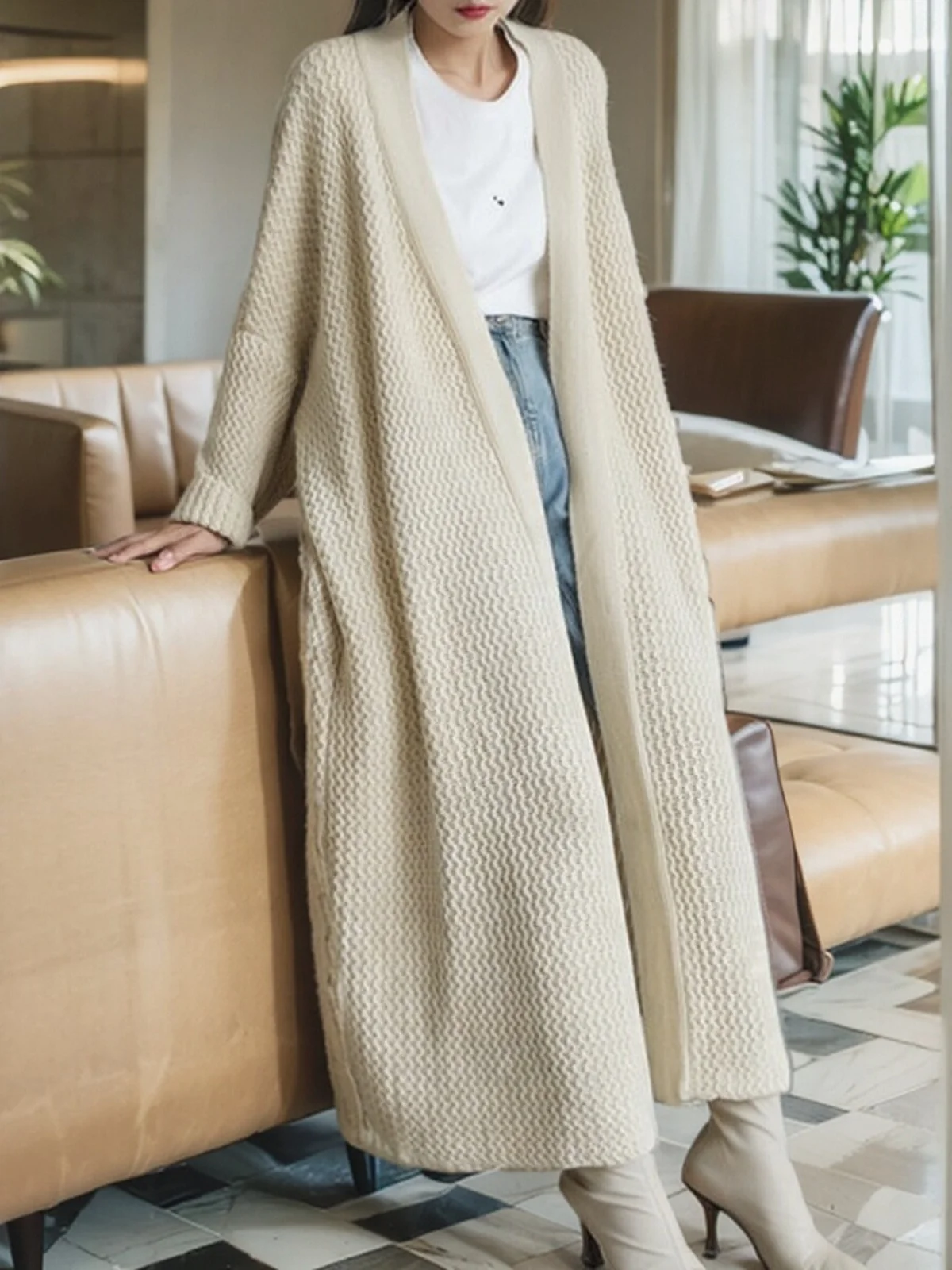 

Retro Long Open Cardigan Thiened Knitted Sweater Women's Cozy Loose Sle Autumn Spring Outerwear Casual Commute Faion