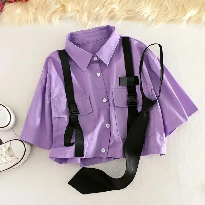 Spring Streetwear Pants High-Waist Straight Ribbon Cargo Pants Student Loose Short-Sleeved Shirt with Tie two-piece Set