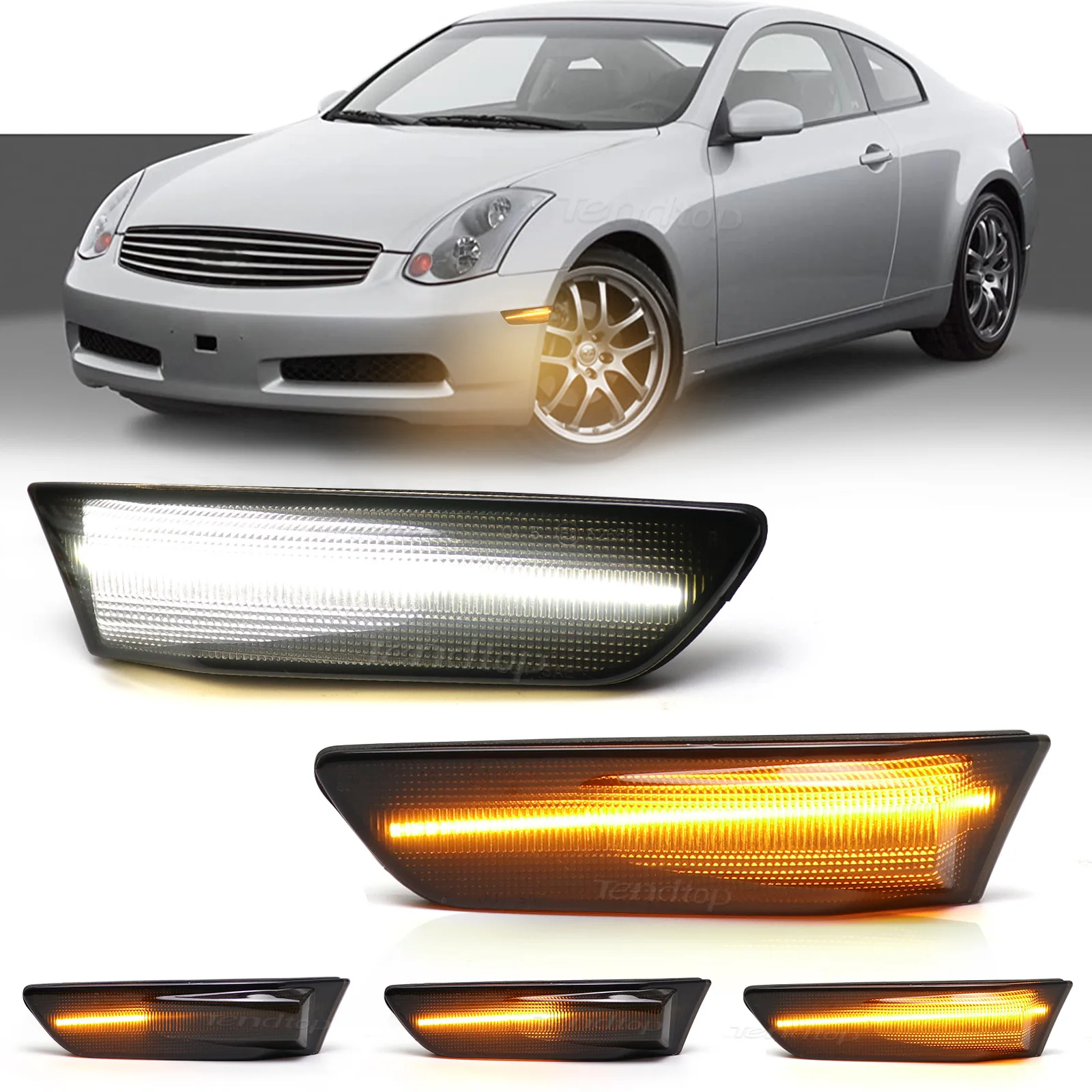 LED Side Marker Lights Smoked Lens Sequential DRL Amber Front Bumper Turn Signals Kit for  Infiniti G35 Coupe Skyline 350GT