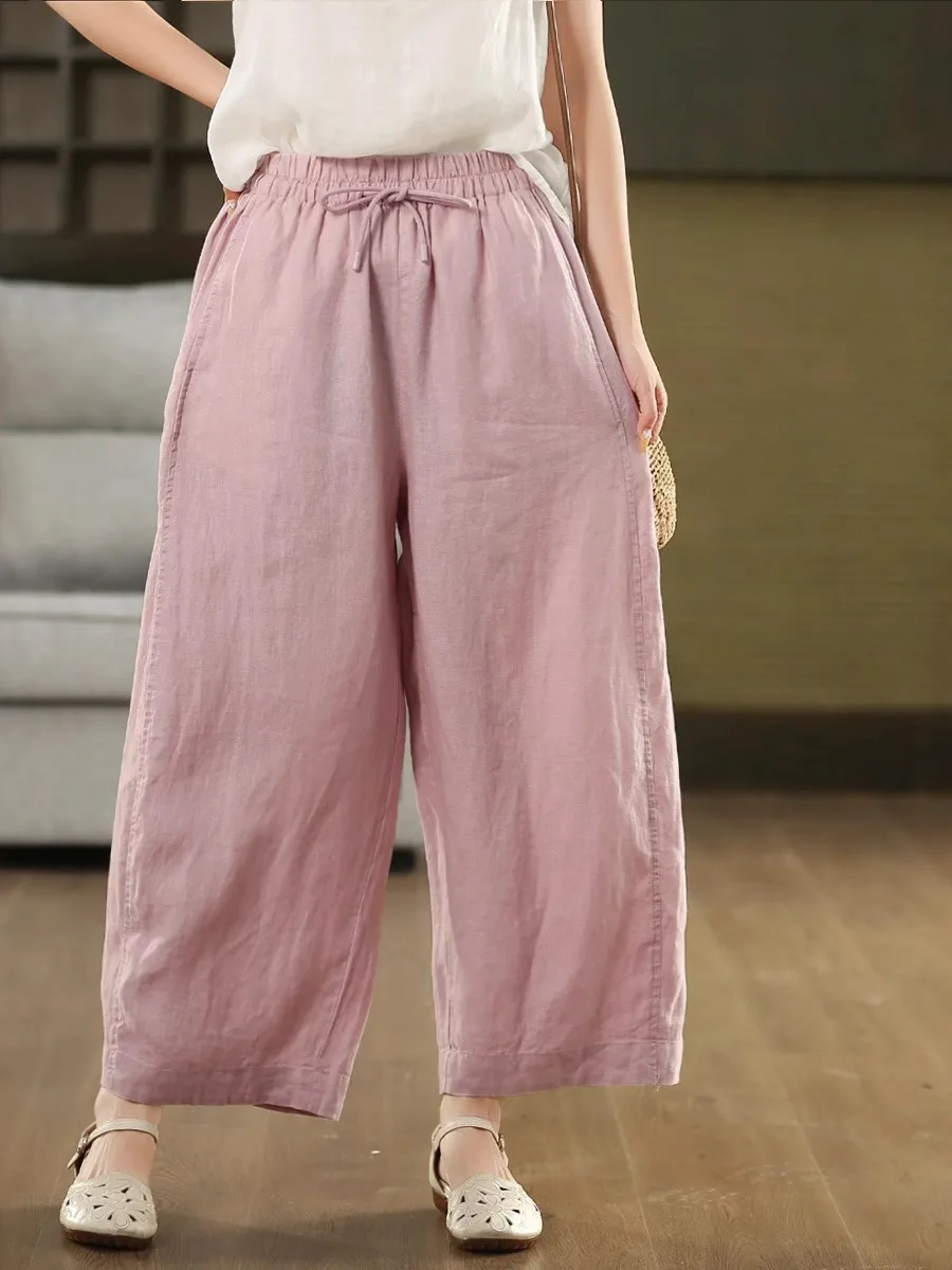 Cintura alta calças de perna larga das mulheres verão fino solto algodão linho nove pontos com cinto drapeado emagrecimento casual foice calças