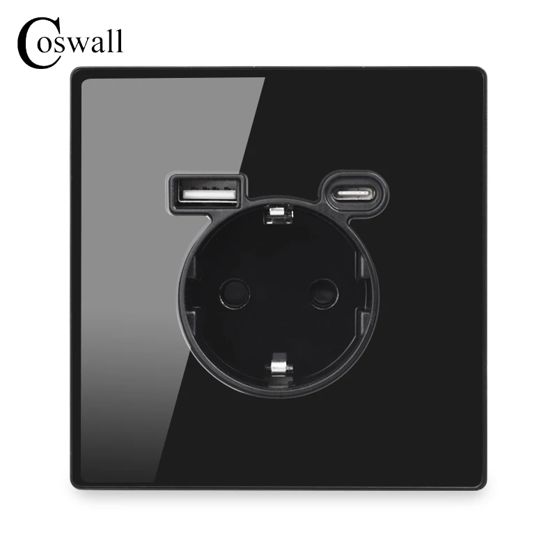 Coswall Glass Panel Full Screen Integrated EU Standard 16A Flame Retardant Wall Power Outlet With Type A-C 2usb Charging Port