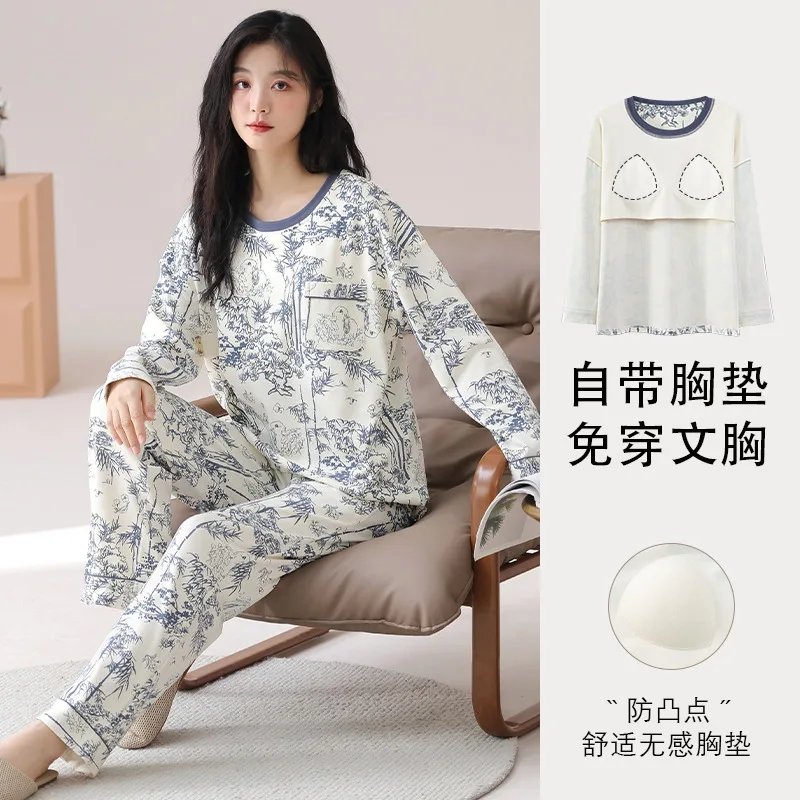 Pullover long sleeve pajamas ladies Autumn Cartoon Cotton with chest pad Loungewear can be worn outside Spring Autumn Pijamas